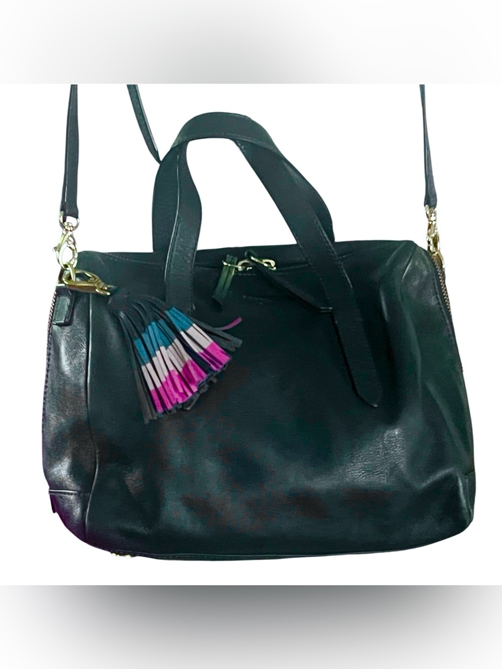 Fossil Sydney Dark Navy Blue Leather Crossbody Satchel with tassel charm.